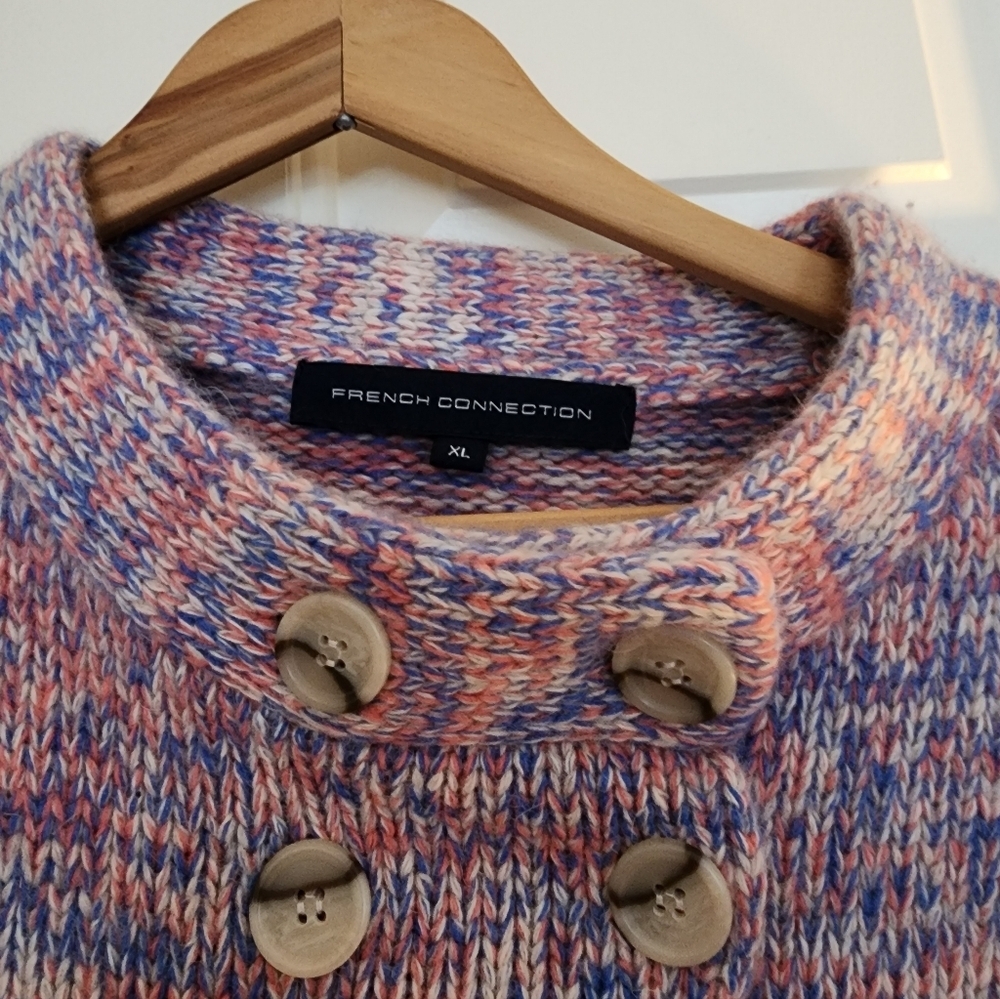French Connection Double Breasted Mock Neck Sweater Blue Pink Spring Wool Angora - Picture 5 of 11